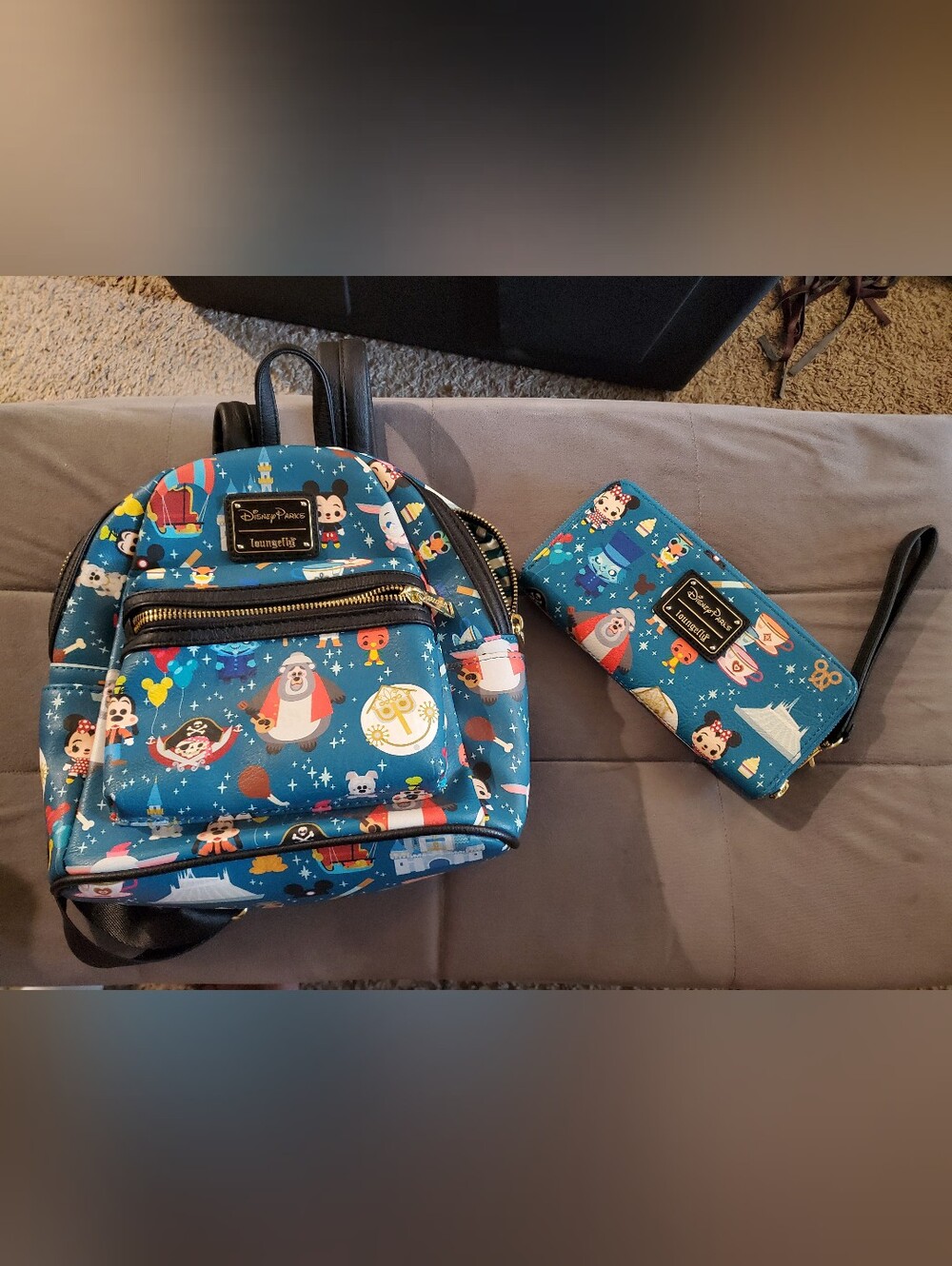 Disney Parks Loungefly Chibi Characters AOP Mini Backpack + Wallet Set